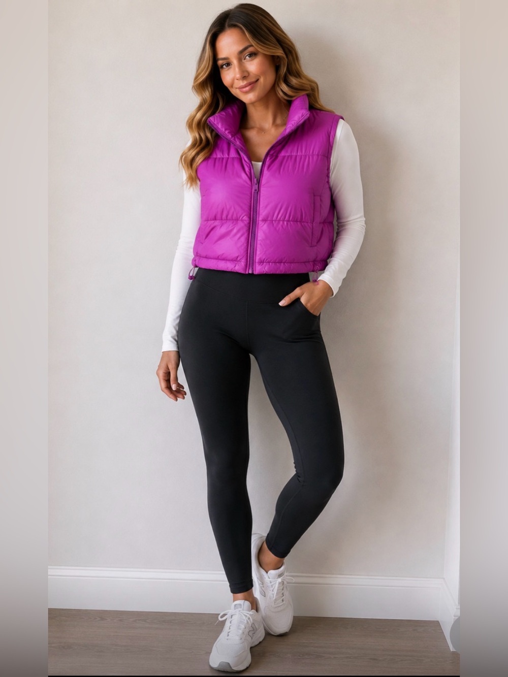 Cropped Puffer Vest in Bright Magenta